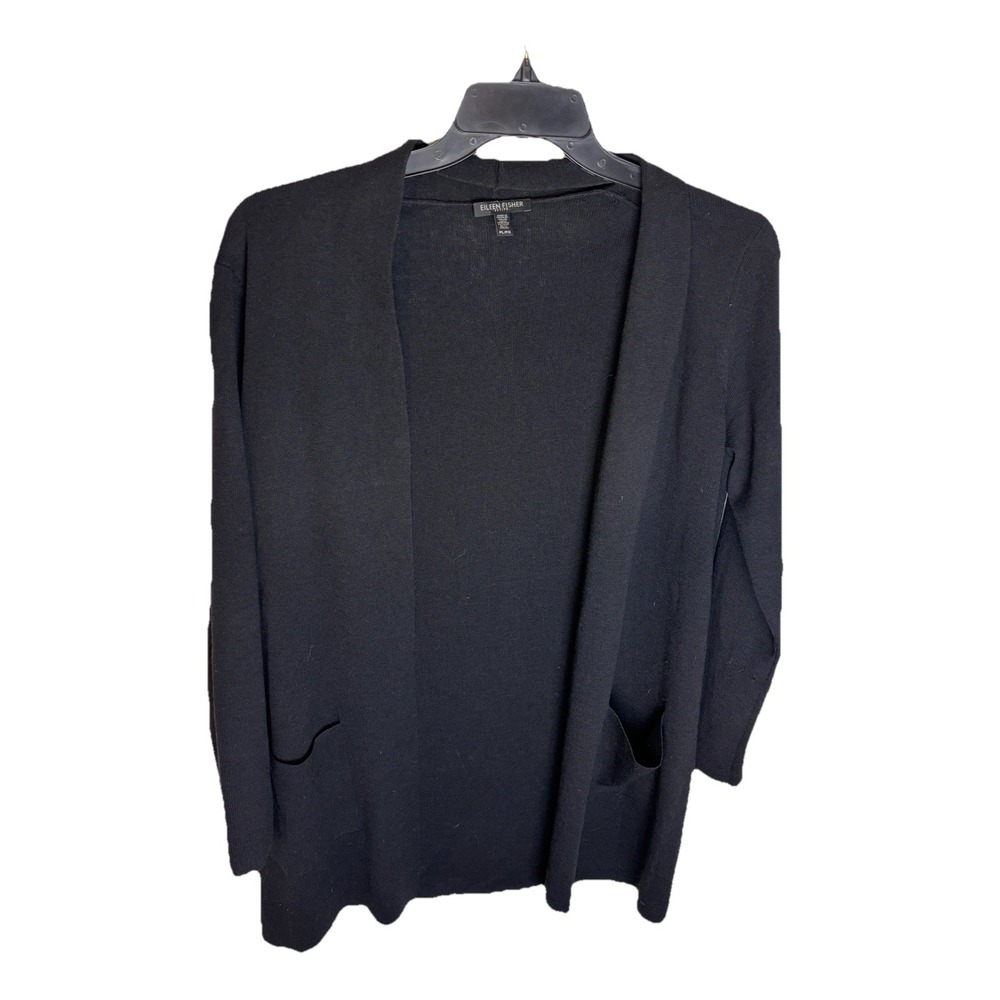 Eileen Fisher Womens Black Wool Long Sleeve Open Front Cardigan PL Petite Large